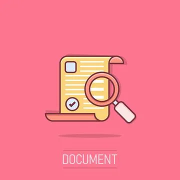 Magnifying glass with document icon in comic style. Report approval cartoon.. Illustrazione stock