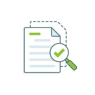 Magnifying glass with document icon in flat style. Report approval vector ill Stockillustratie