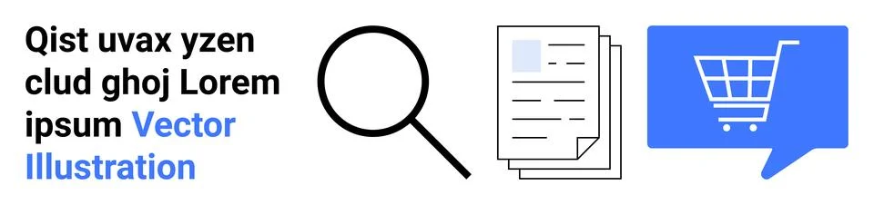 Magnifying glass, document stack, shopping cart symbol. Ideal for business an Stock Illustration
