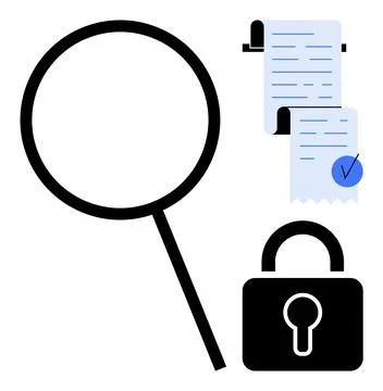 Magnifying Glass, Documents, and Lock Symbolizing Security and Verification.. 스톡 일러스트