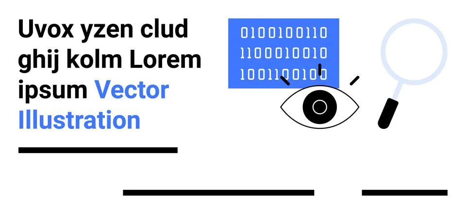 Magnifying glass examining binary code above an eye, black lines, lorem ipsum 스톡 일러스트