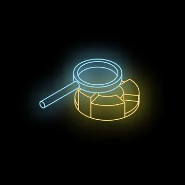 Magnifying glass examining pie chart in neon light on dark background Stock Illustration