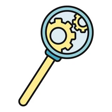 Magnifying glass exploring gears identifying process settings Stock Illustration