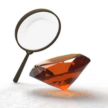 Magnifying glass. Exploring the gems 3d rendering Illustrazione stock