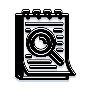 Magnifying glass finding information on notepad document Ilustración de archivo