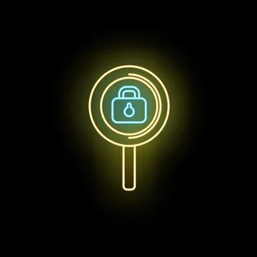 Magnifying glass finding lock icon neon sign Stock Illustration