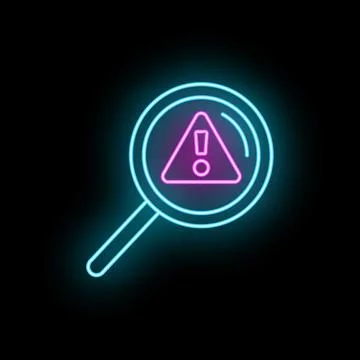 Magnifying glass finding a neon warning sign alert Illustrazione stock