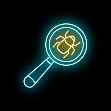 Magnifying glass finding software bug neon glow icon Stock Illustration