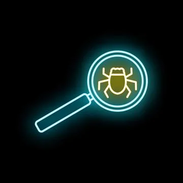 Magnifying glass finding software bug neon icon 库存插图