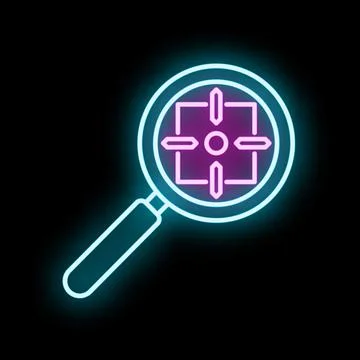 Magnifying glass finding target neon icon Stock Illustration