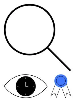 Magnifying glass for focus, eye with clock for time observation, blue award r Stock Illustration