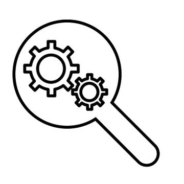 Magnifying glass with gears. Vector icon isolated on white. Flat linear contour Stock Illustration