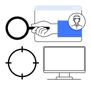 Magnifying glass held over browser window with user profile, a computer monit イラスト素材