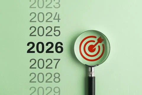 Magnifying glass highlighting 2026 in a sequence of years from 2023 to 2029.. Photos