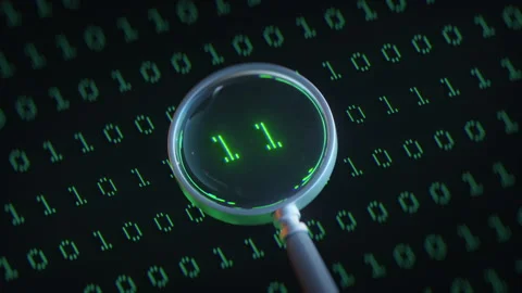 Magnifying Glass Highlighting Binary Code Data 3D render seamless loop animation 動画素材 332657706