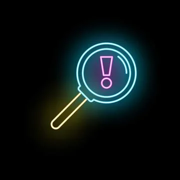 Magnifying glass highlighting important warning neon icon Stock Illustration