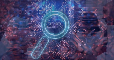 Magnifying glass highlighting security awareness over digital animation in Stock Footage 304079693