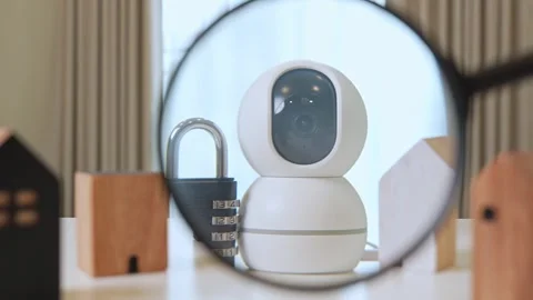 A magnifying glass highlights an active CCTV camera. Video stock 317599900