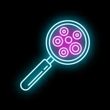 Magnifying glass icon analyzing glowing microscopic cells Stock Illustration