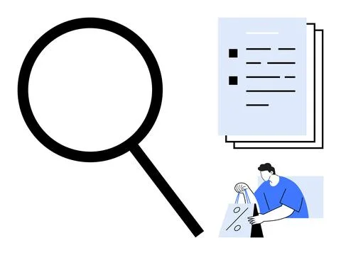 Magnifying glass icon beside stack of documents and person holding shopping b Stock Illustration