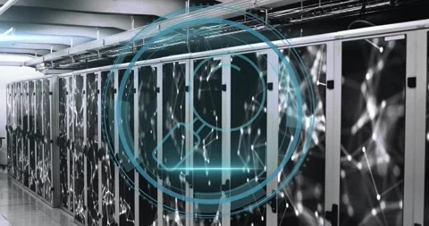Magnifying glass icon over data servers with network connections animation Video stock 327713658