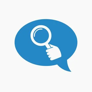 Magnifying glass inside speech bubble icon. White magnifying glass held by .. Stock Illustration