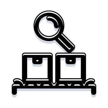 Magnifying glass inspecting cargo boxes on conveyor belt Ilustração Stock