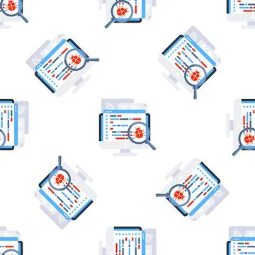 Magnifying glass inspecting computer code for bugs on monitor screen, seamless Stock Illustration