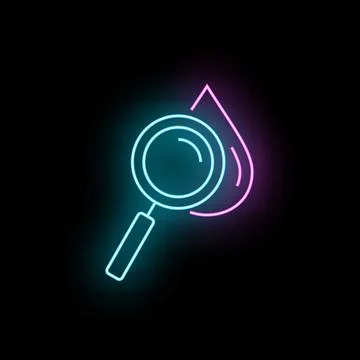 Magnifying glass inspecting liquid drop neon icon Illustrazione stock
