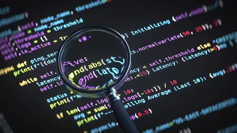 Magnifying Glass Inspecting Source Code for Debugging 3D render animation Stockbeeldmateriaal 334665957