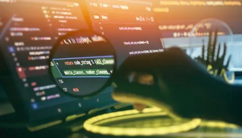 Magnifying Glass Inspecting Source Code on Tablet and Monitor with Neon Light Stock Photos