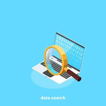 Magnifying glass at the laptop screen for data retrieval, isometric image Stockillustratie