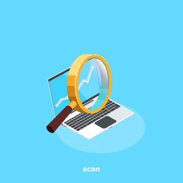 Magnifying glass at the laptop screen for data retrieval, isometric image Stock Illustration