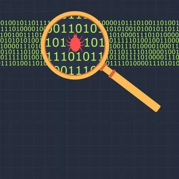 Magnifying glass looking at binary code finding bug イラスト素材