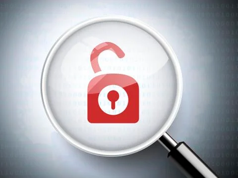 Magnifying glass with opened padlock icon Stock Illustration