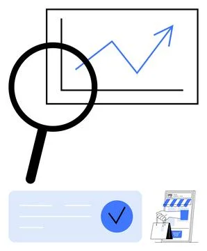 Magnifying Glass Over Chart with Upward Trend Line and E-commerce Elements Illustrazione stock