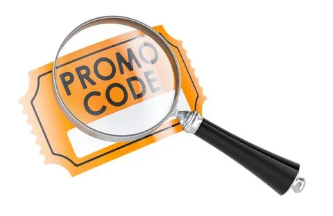 Magnifying glass over promo code coupon. 3D rendering Illustrazione stock