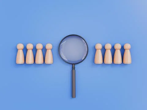 A magnifying glass placed between two rows of wooden peg doll figures Stock Illustration