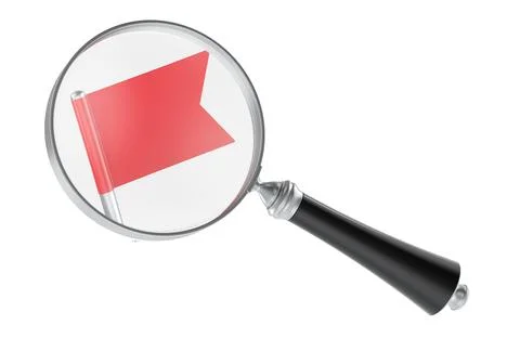 Magnifying glass with red flag, audit and inspection concept. 3D rendering Stock Illustration