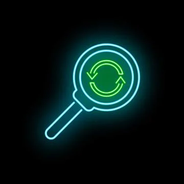 Magnifying glass with refresh circular arrows neon sign イラスト素材