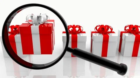 Magnifying glass on row of gift boxes Stock Illustration