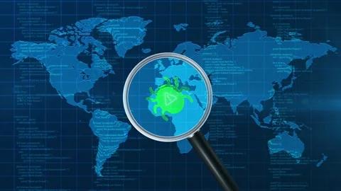 Magnifying Glass Scanning and Detecting Cyber Bug Virus on World Map Animation. Stock Footage 344528095
