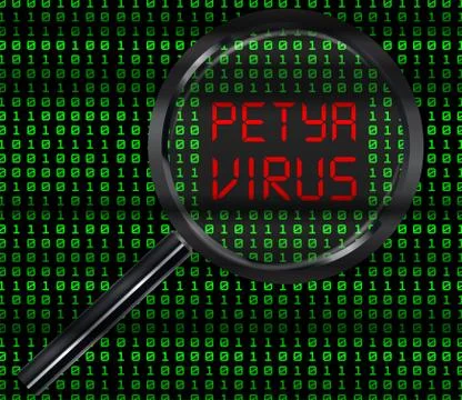Magnifying glass scanning binary code found petya virus Stock Illustration