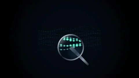 Magnifying glass scanning glowing binary data waves on dark background in d.. Stock Footage 345360347