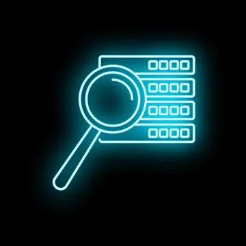 Magnifying glass searching data on server storage neon icon Stock Illustration