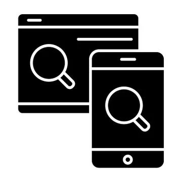 Magnifying glass with smart phone solid icon. Searching on device vector 库存插图
