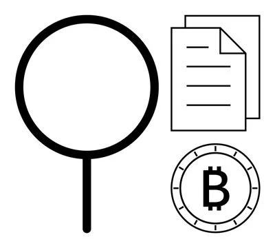 Magnifying glass, stack of documents, and Bitcoin symbol. Ideal for finance,  Stock Illustration