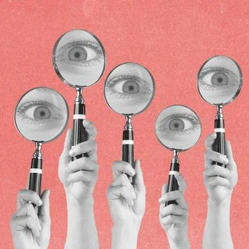 Magnifying loop glasses and big eyes in pink background イラスト素材