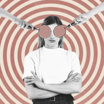 Magnifying loop glasses with hypnotic spirals covering woman eyes Stock Illustration