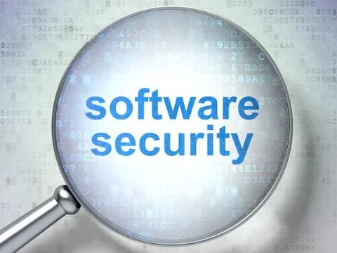 Magnifying optical glass with words software security on digital Stock Illustration